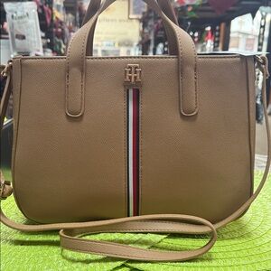 Tommy Hilfiger Beige Satchel with Tricolor Stripe